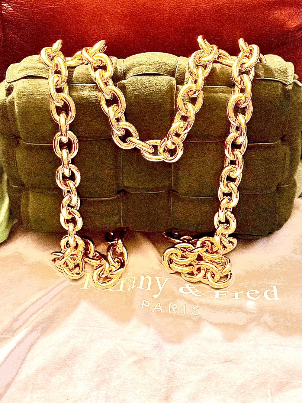Tiffany & Fred Olive Green Suede Quilted Shoulder Bag with Casette Chain